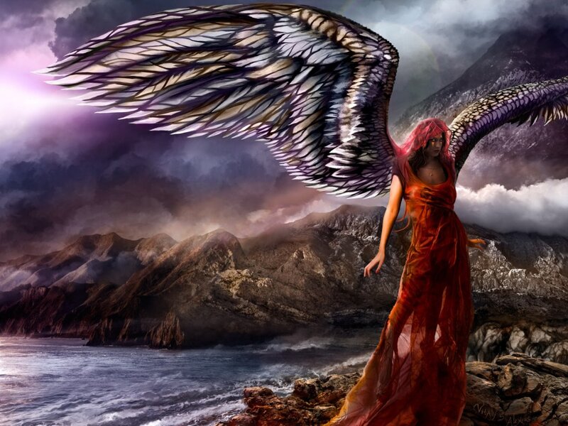 Angel with Red Dress — Dramatic, Sunset, Digital Art, Wings