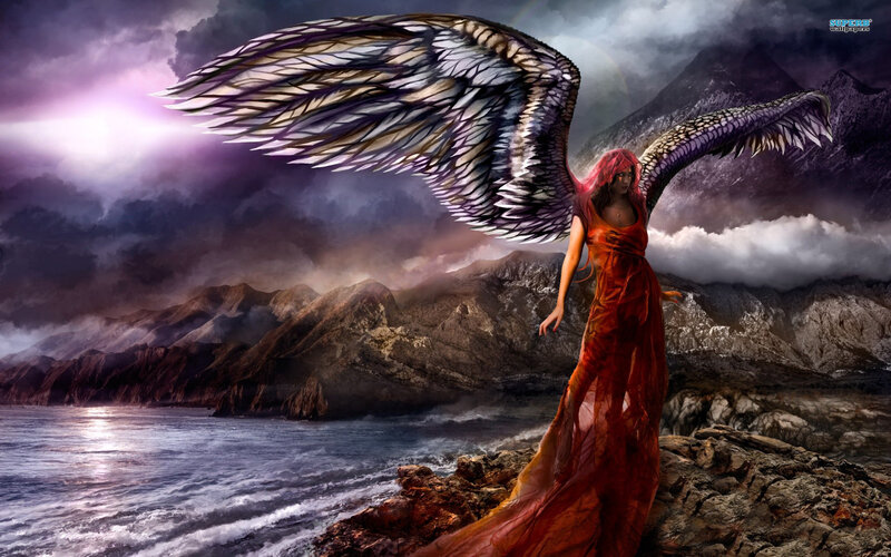 Angel with Red Dress — Dramatic, Sunset