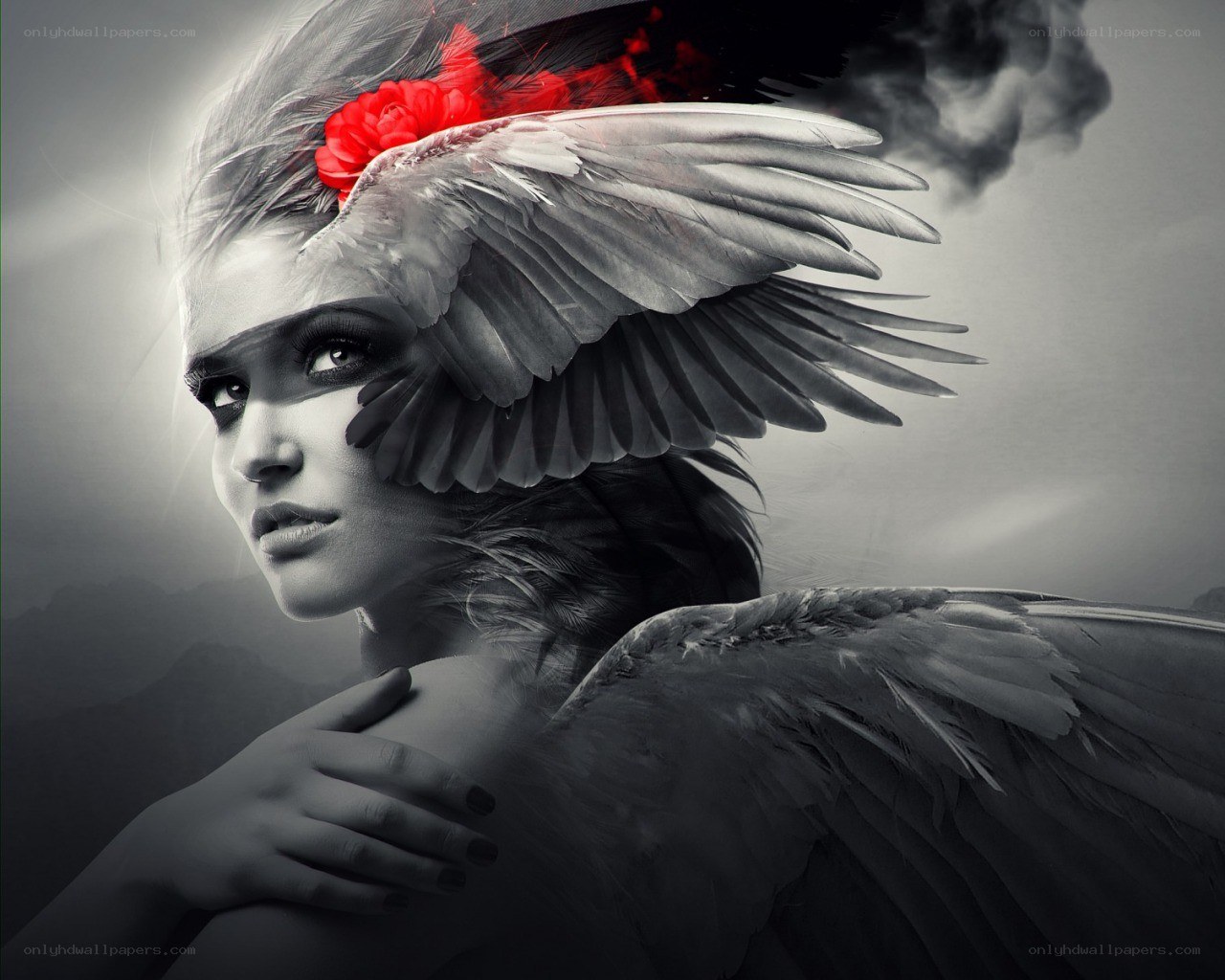 angel with red flower