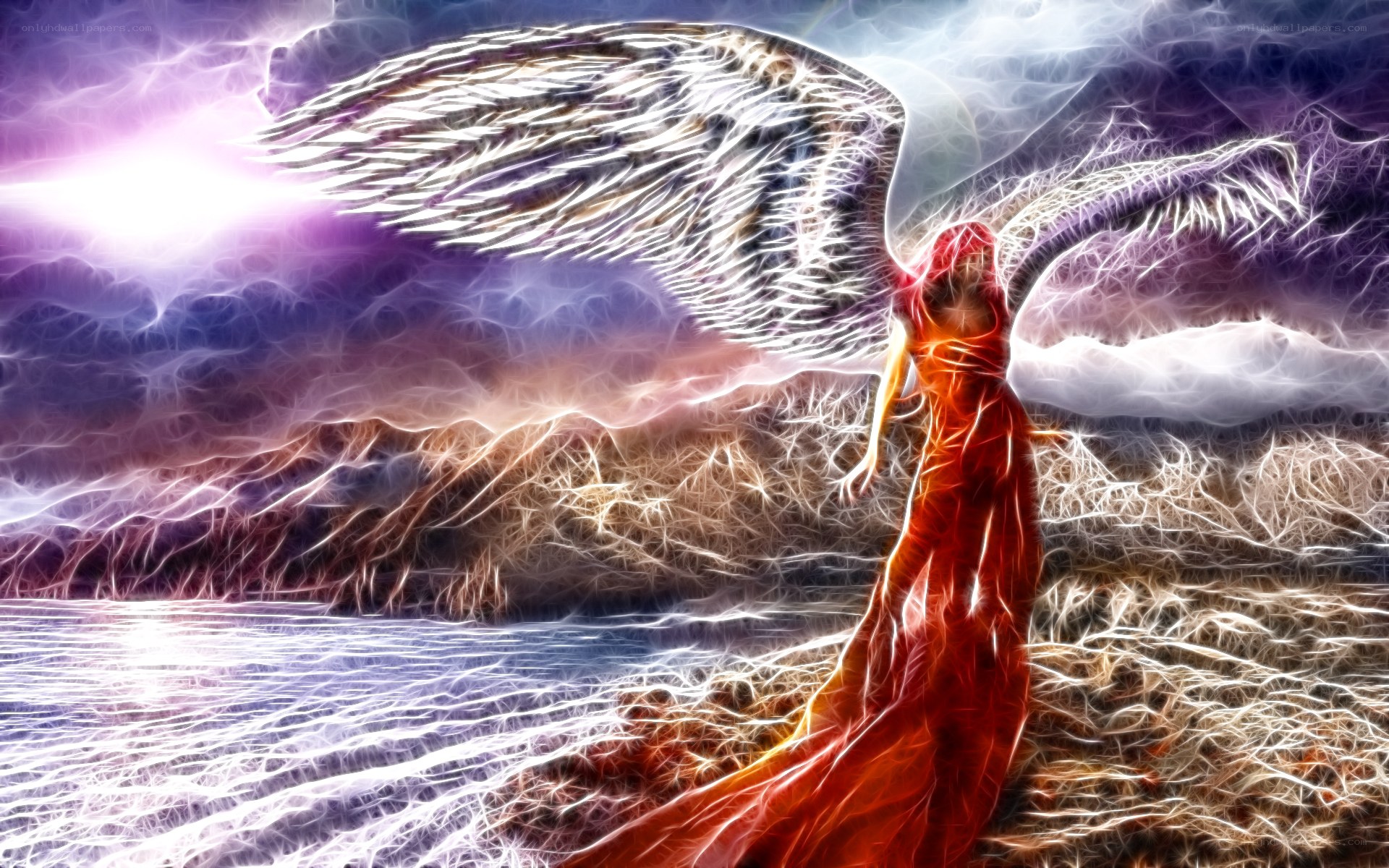 angel with red gown and wings