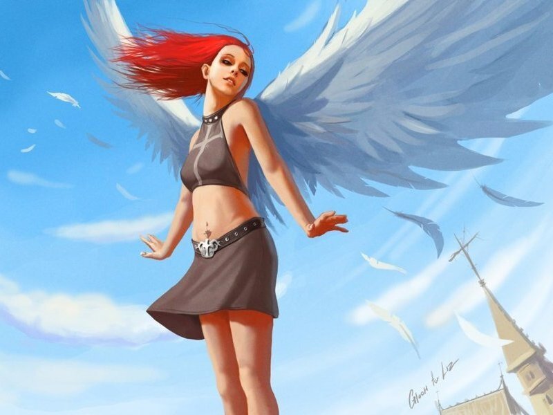 Angel with red hair and wings