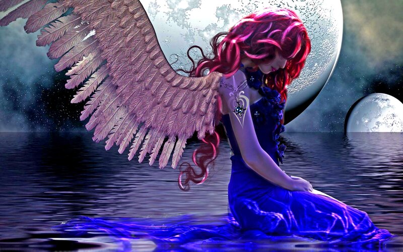 Angel with Red Hair — Blue, Dramatic, Night