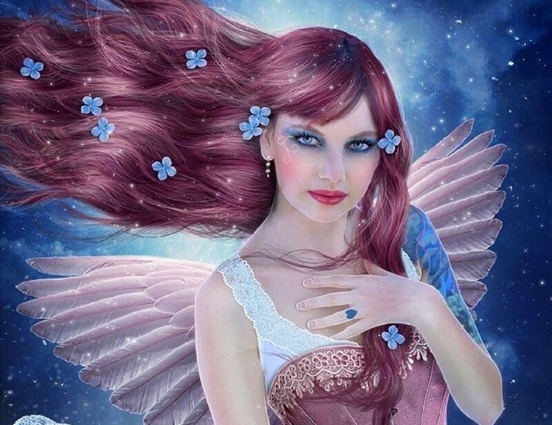 Angel with Red Hair — Blue, Serene, Night