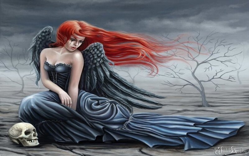Angel with Red Hair — Dramatic, Digital Art, Skull