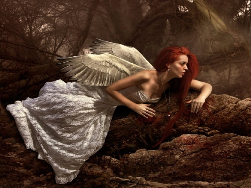 Angel with Red Hair — Dramatic, Digital Art, Wings, Rocks