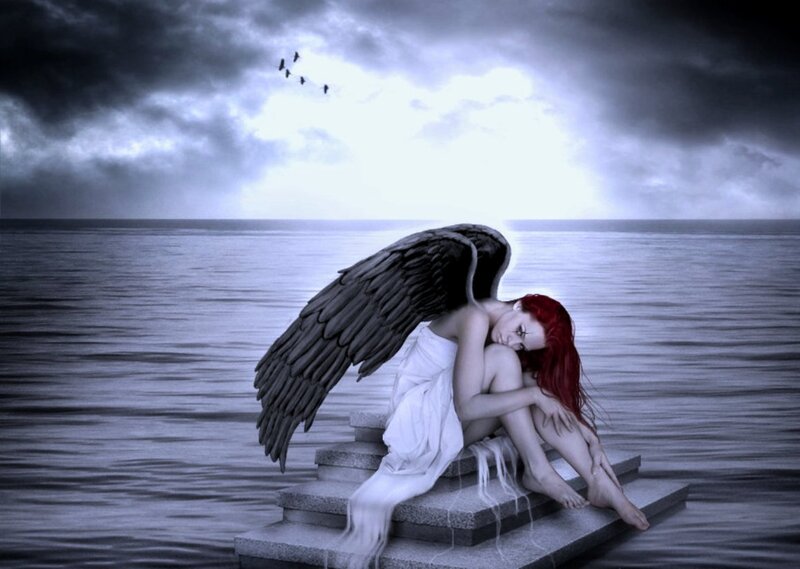 Angel with Red Hair — Gray, Dramatic, Digital Art