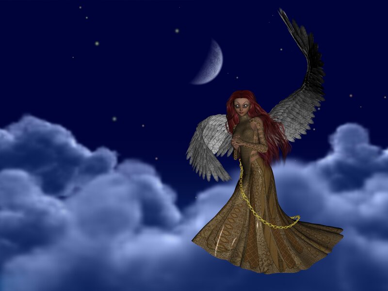 angel with red hair in night sky