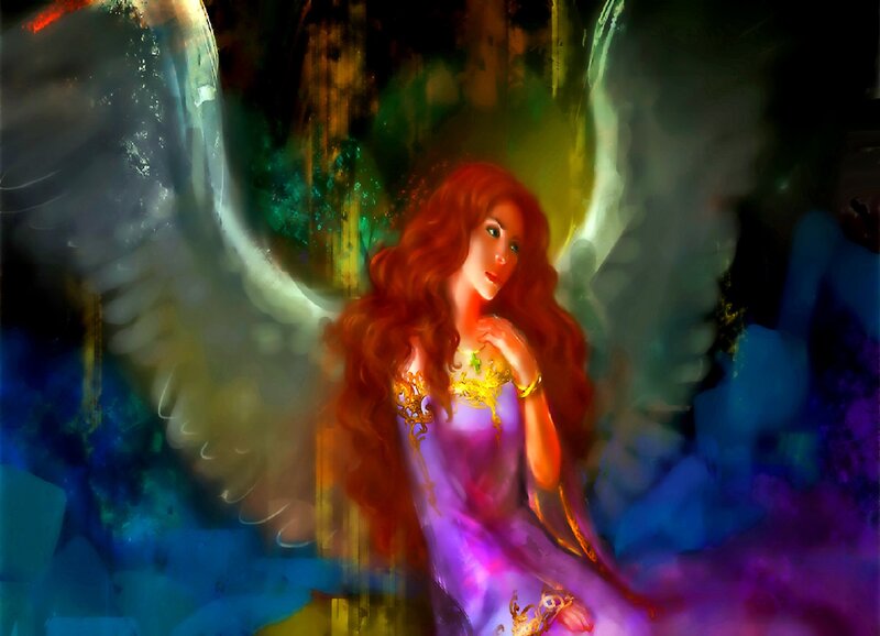 Angel with Red Hair — Purple, Dramatic, Digital Art