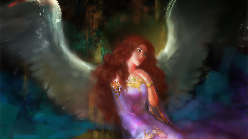 Angel with Red Hair — Purple, Dramatic, Night, Digital Art