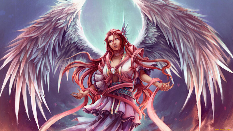 Angel with Red Hair — Purple, Dramatic, Night, Digital Art, Wings, Moon