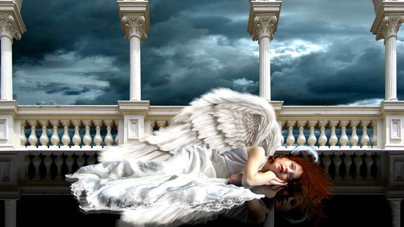 Angel with Red Hair — White, Dramatic, Digital Art, Wings, Balcony, Clouds