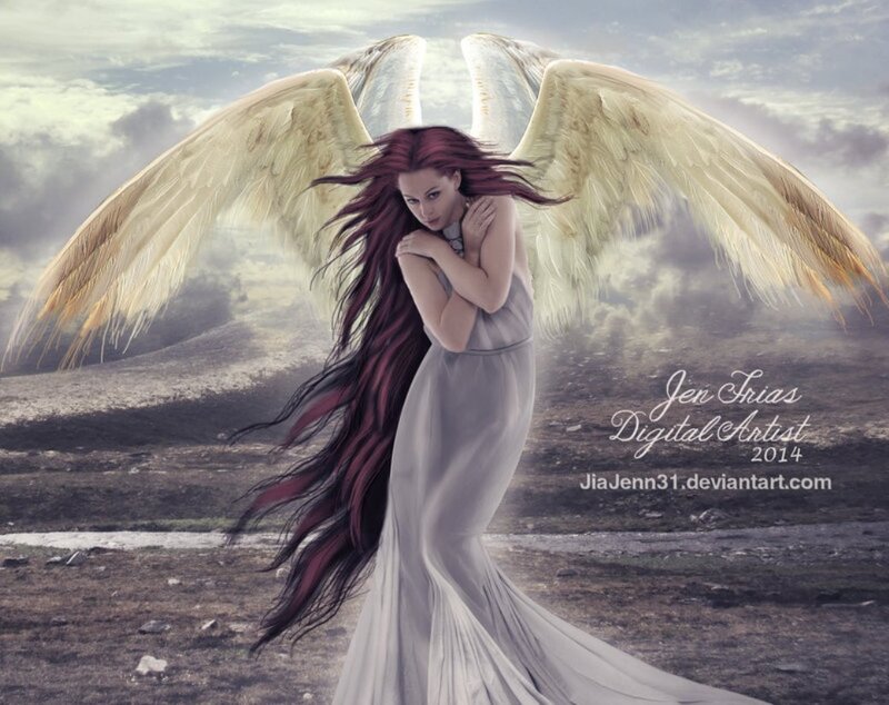 Angel with Red Hair — White, Dramatic, Digital Art, Wings, Dress