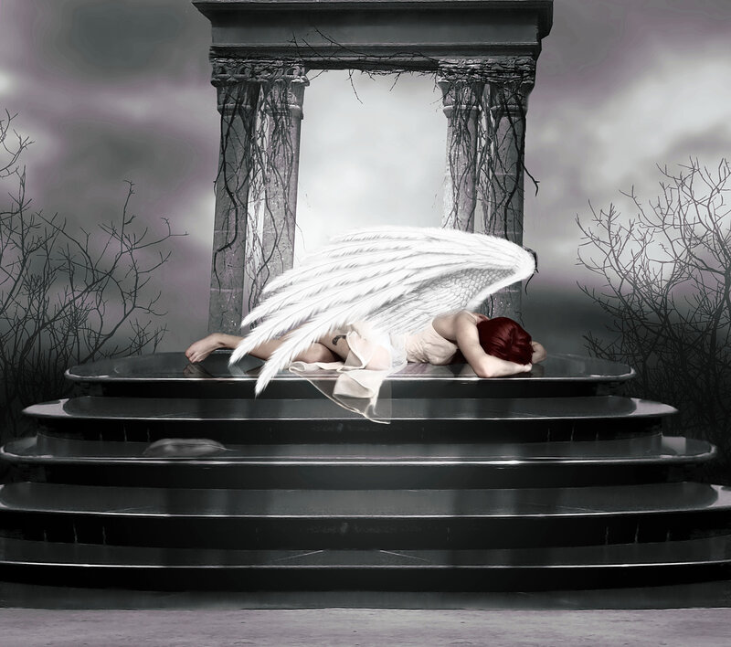 Angel with Red Hair — White, Dramatic, Digital Art, Wings, Stone Structure