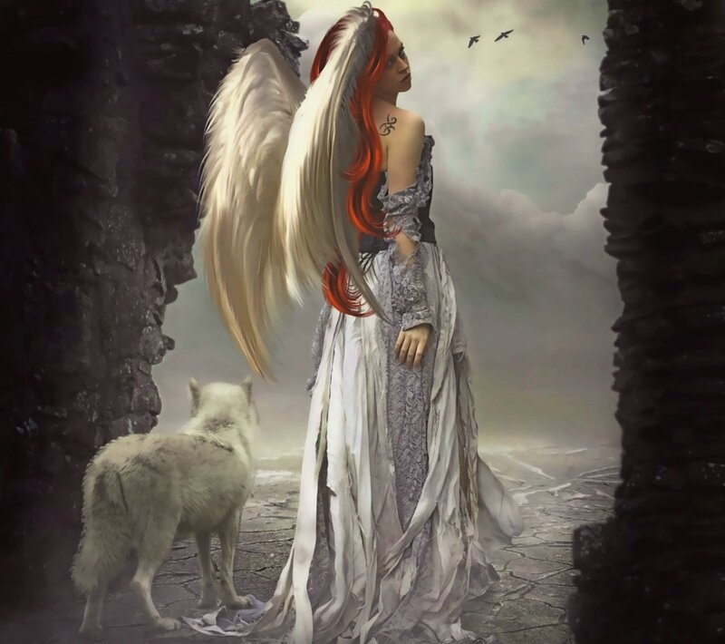 Angel with Red Hair — White, Dramatic, Digital Art, Wolf