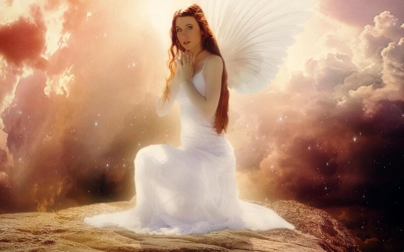 Angel with Red Hair — White, Serene, Sunset, Digital Art, Wings