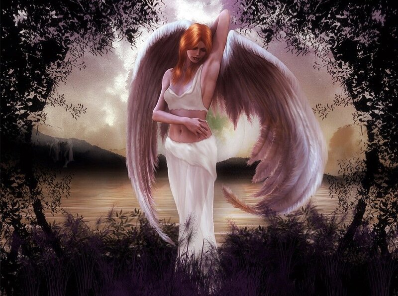 Angel with Red Hair — White, Serene, Sunset