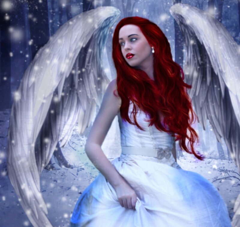 Angel with Red Hair — White, Serene, Winter, Digital Art, Wings