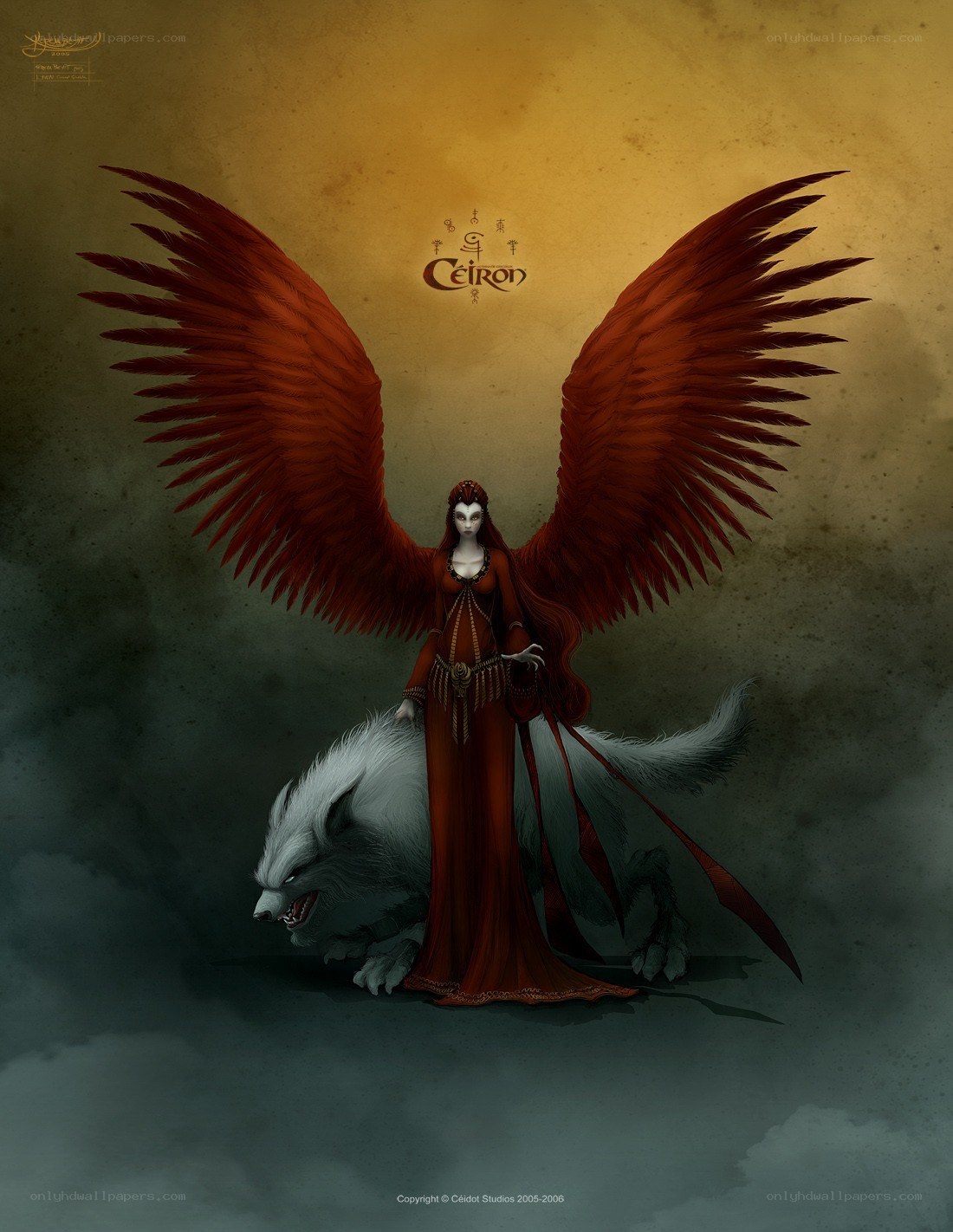 angel with red wings and wolf