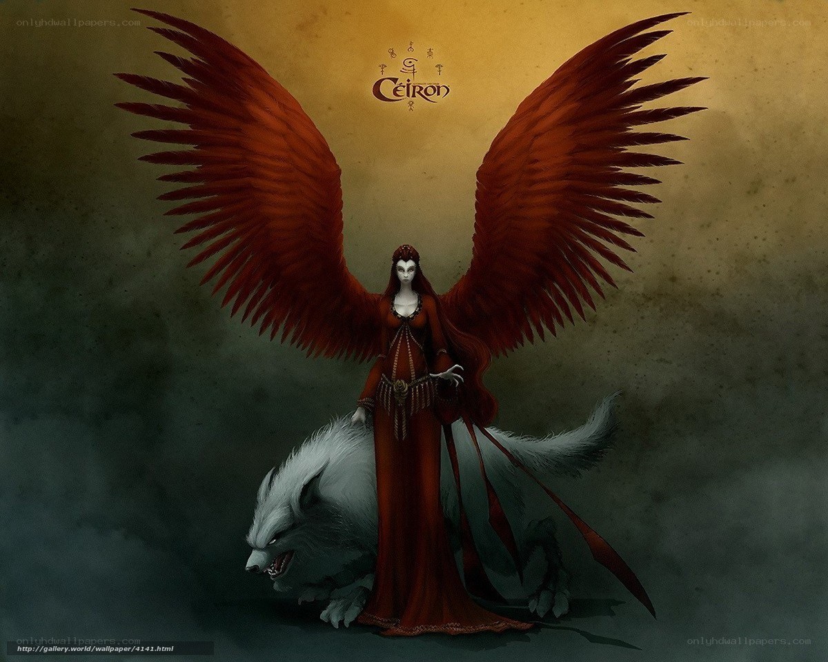 angel with red wings and wolf