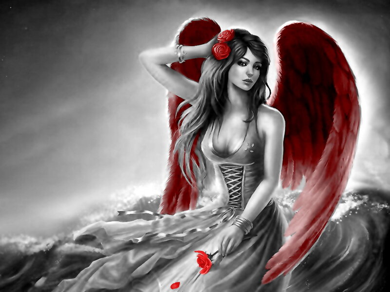 Angel with Red Wings — Dramatic, Digital Art, Rose