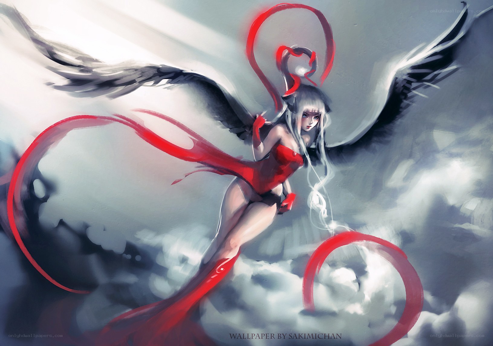 Angel with red wings in clouds