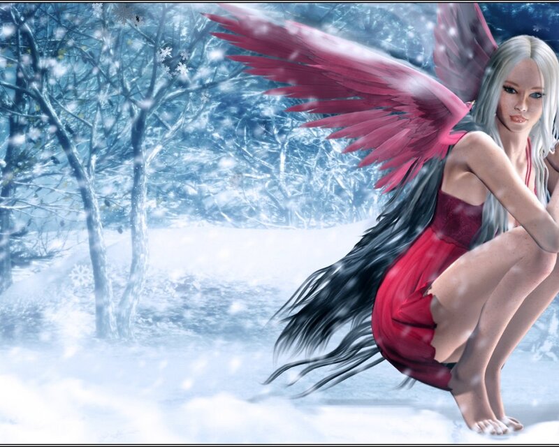 Angel with Red Wings — Serene, Winter, Digital Art