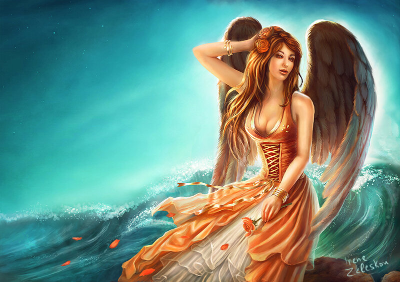 angel with rose in stormy sea