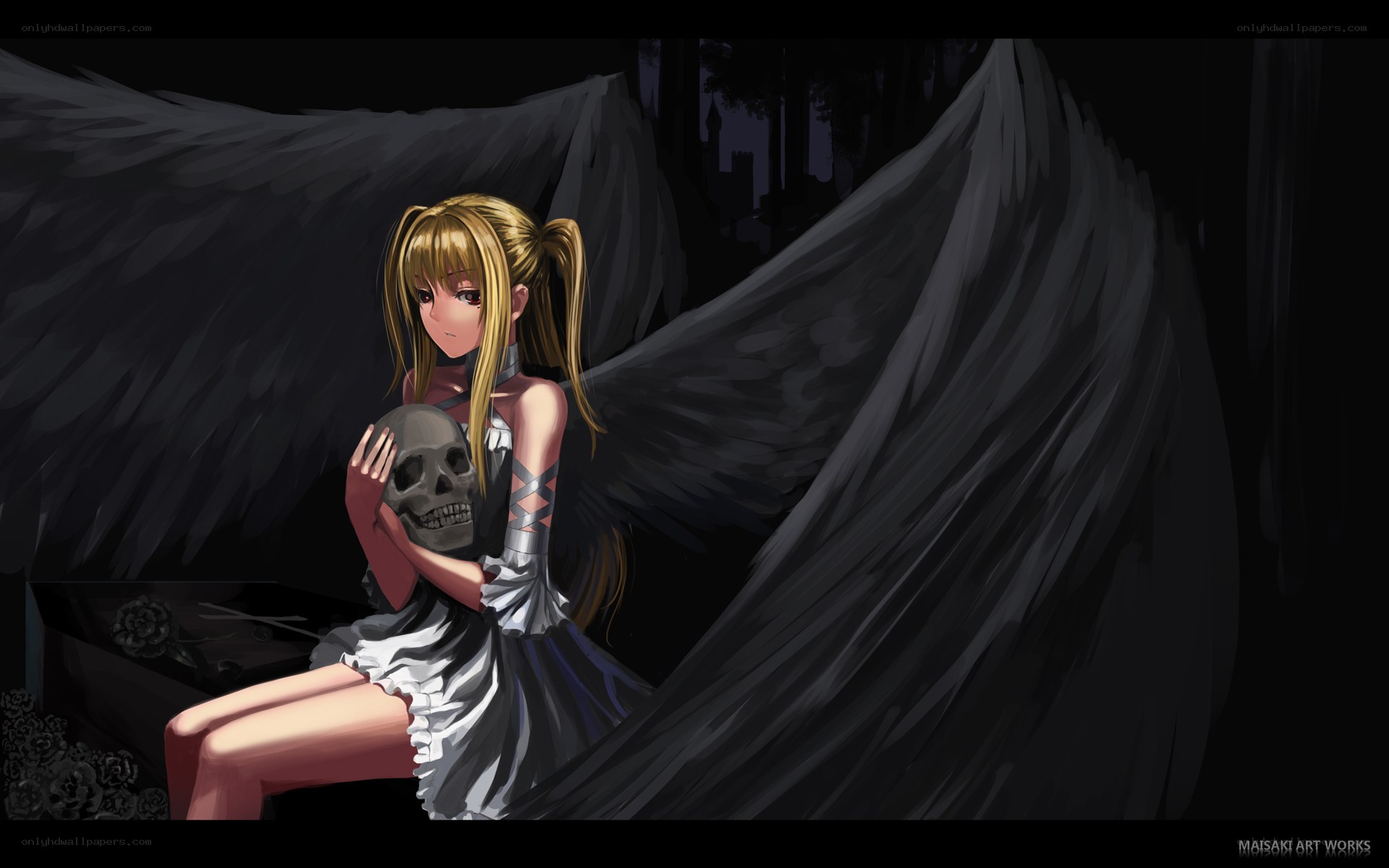 Angel with skull in dark forest