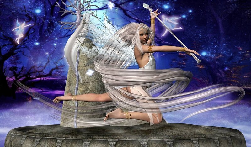 Angel with staff in fantasy forest