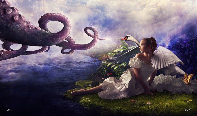 angel with swan and octopus
