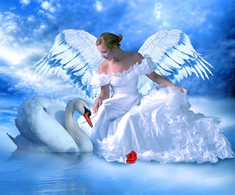 Angel with Swan — Blue, Serene, Digital Art
