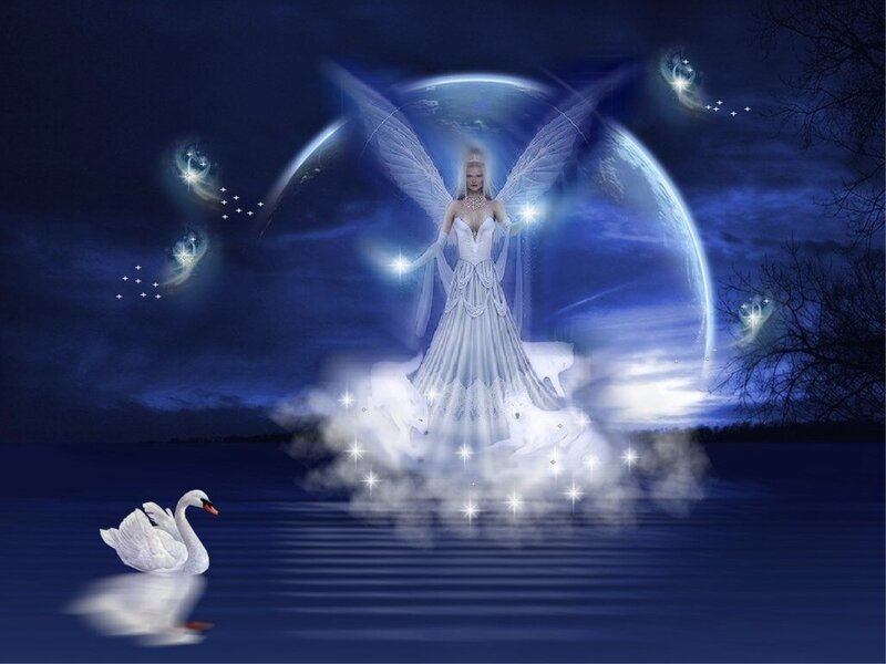 Angel with Swan — Blue, Serene, Night