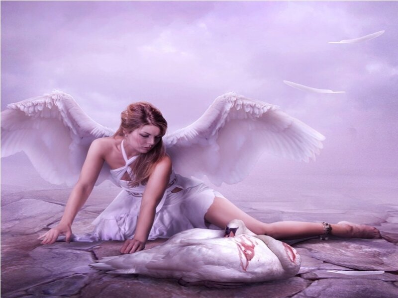 Angel with Swan — Purple, Dramatic, Digital Art
