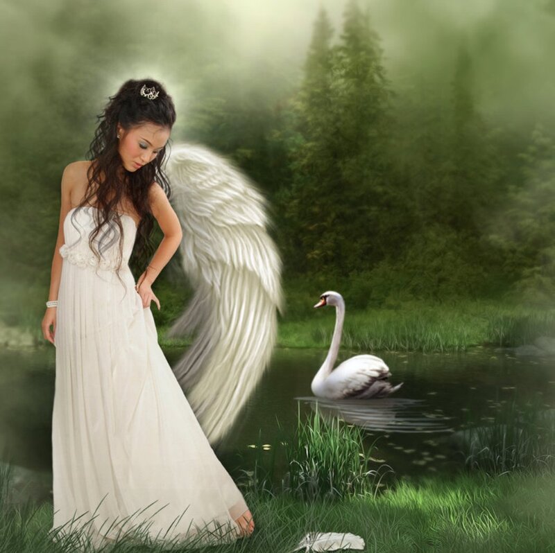 Angel with Swan — White, Serene, Digital Art