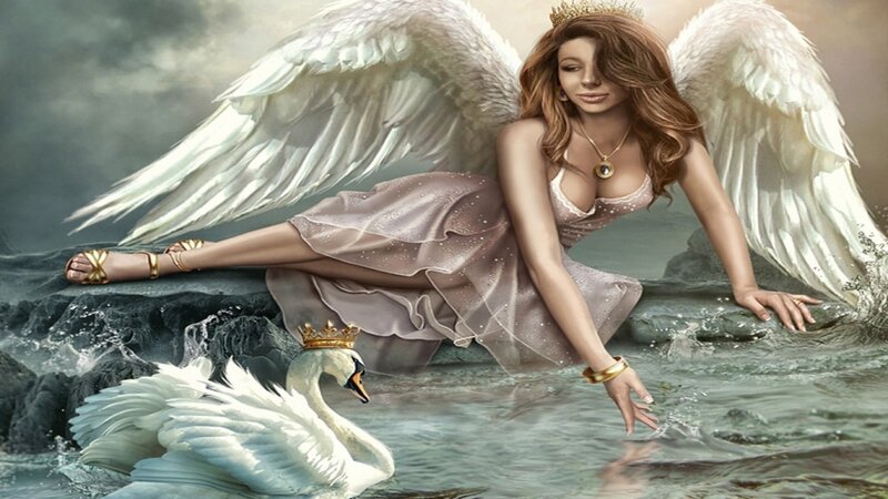 Angel with Swan — White, Serene, Digital Art, Wings