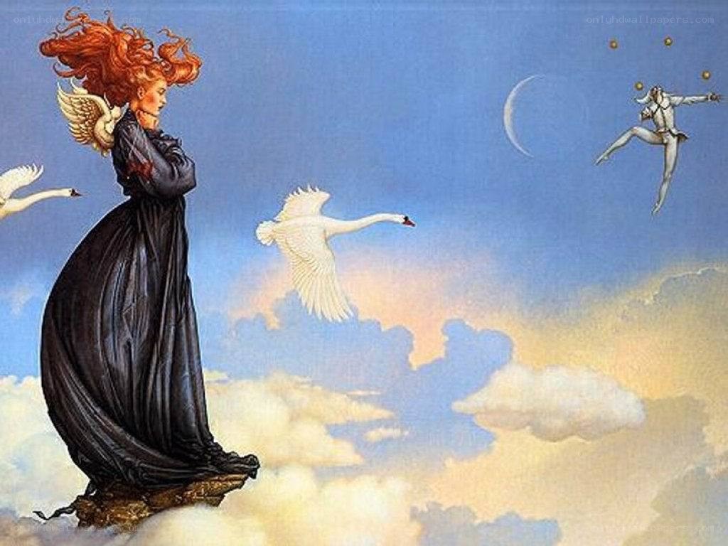 Angel with swans in sky