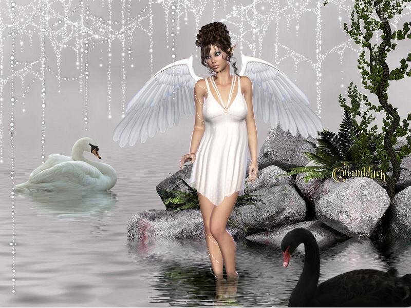 angel with swans in water