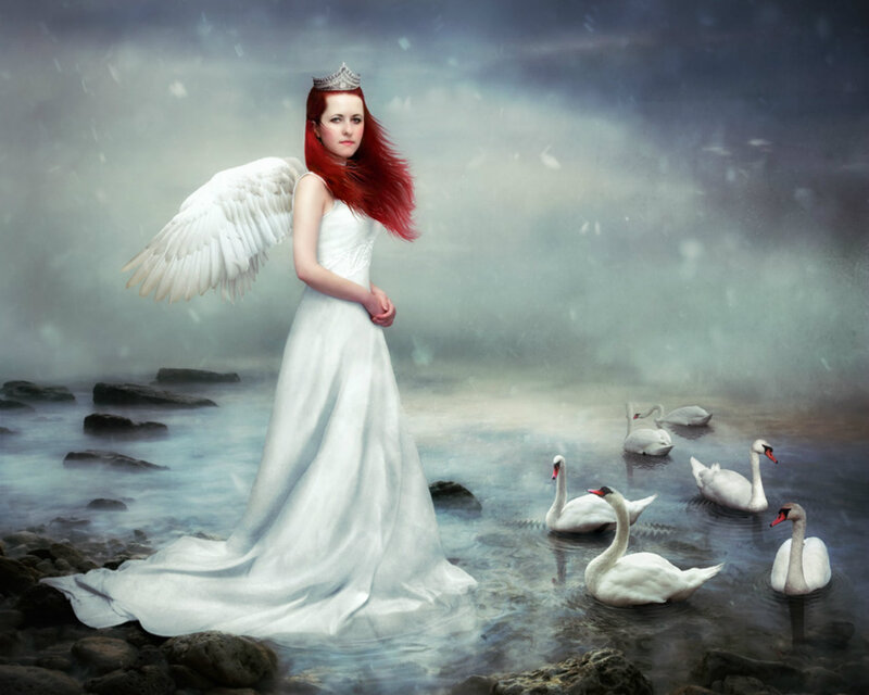 Angel with Swans — White, Dramatic