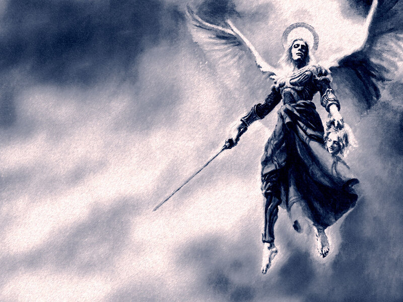Angel with sword and captive