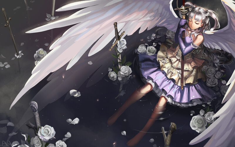 Angel with sword and roses