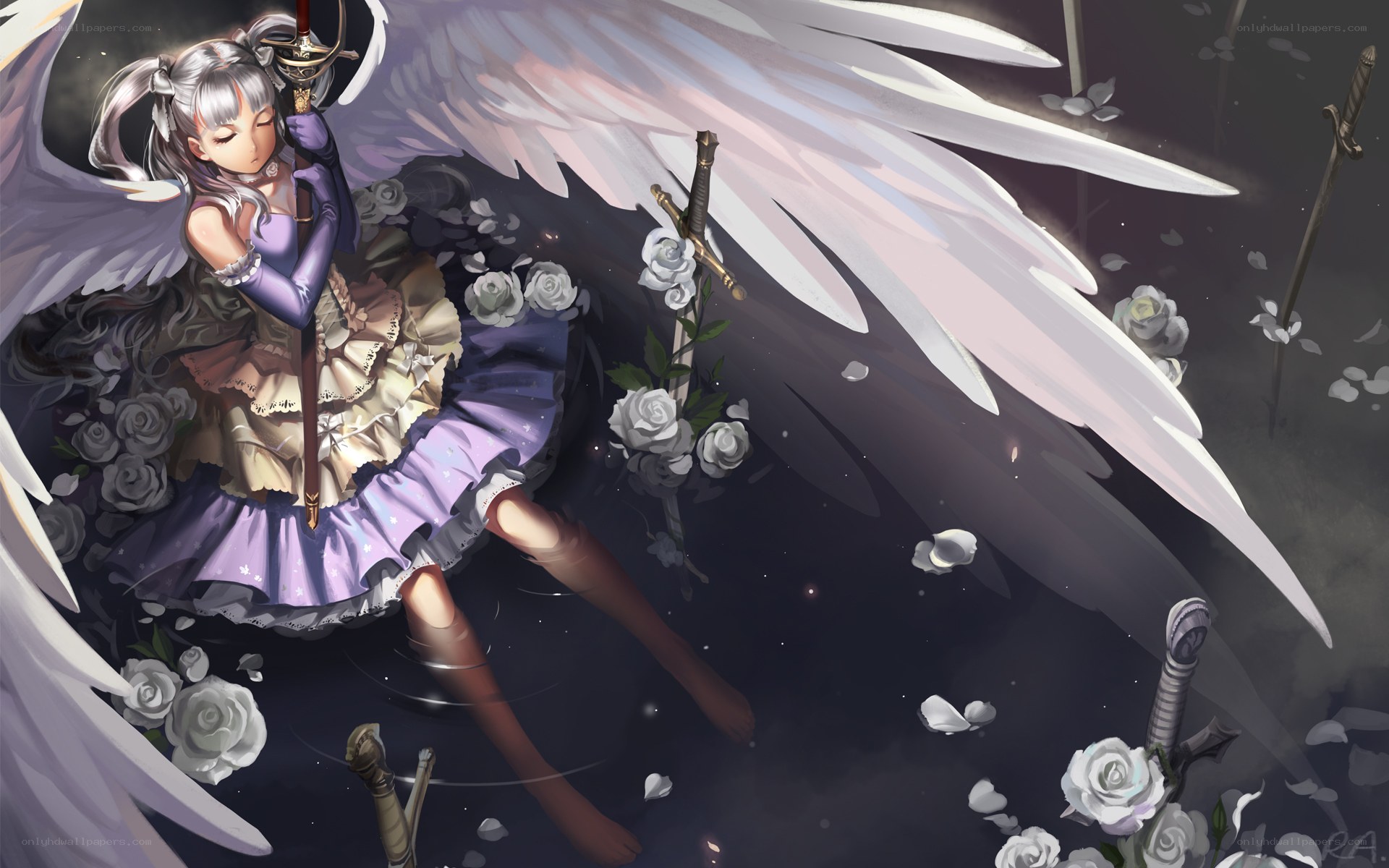 angel with sword and roses