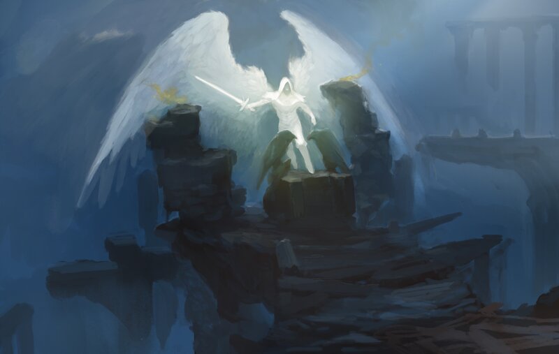 Angel with Sword — Blue, Dramatic, Night, Digital Art, Wings, Ruins