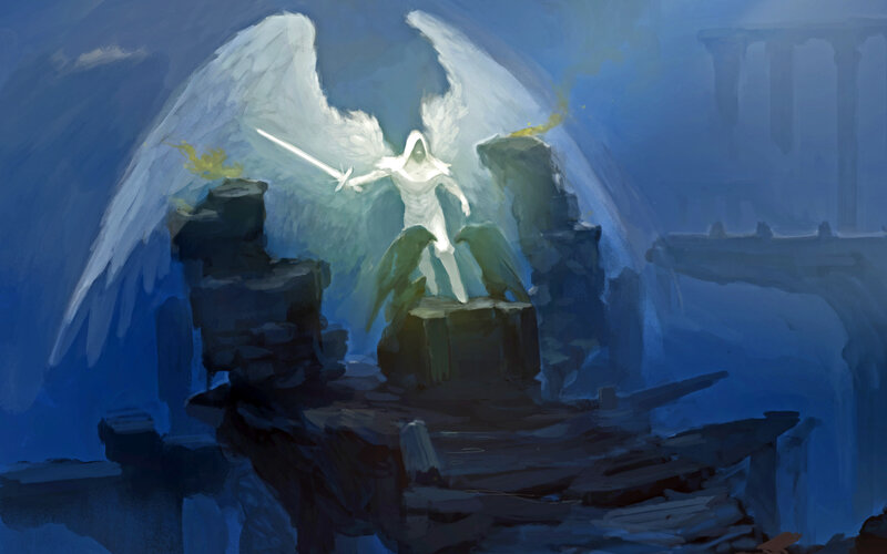 Angel with Sword — Blue, Dramatic, Night, Digital Art, Wings