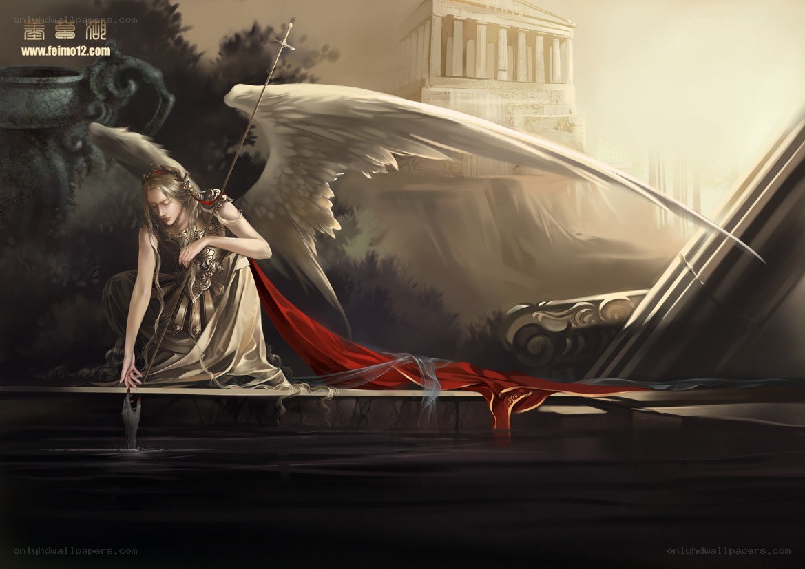 Angel with sword by water
