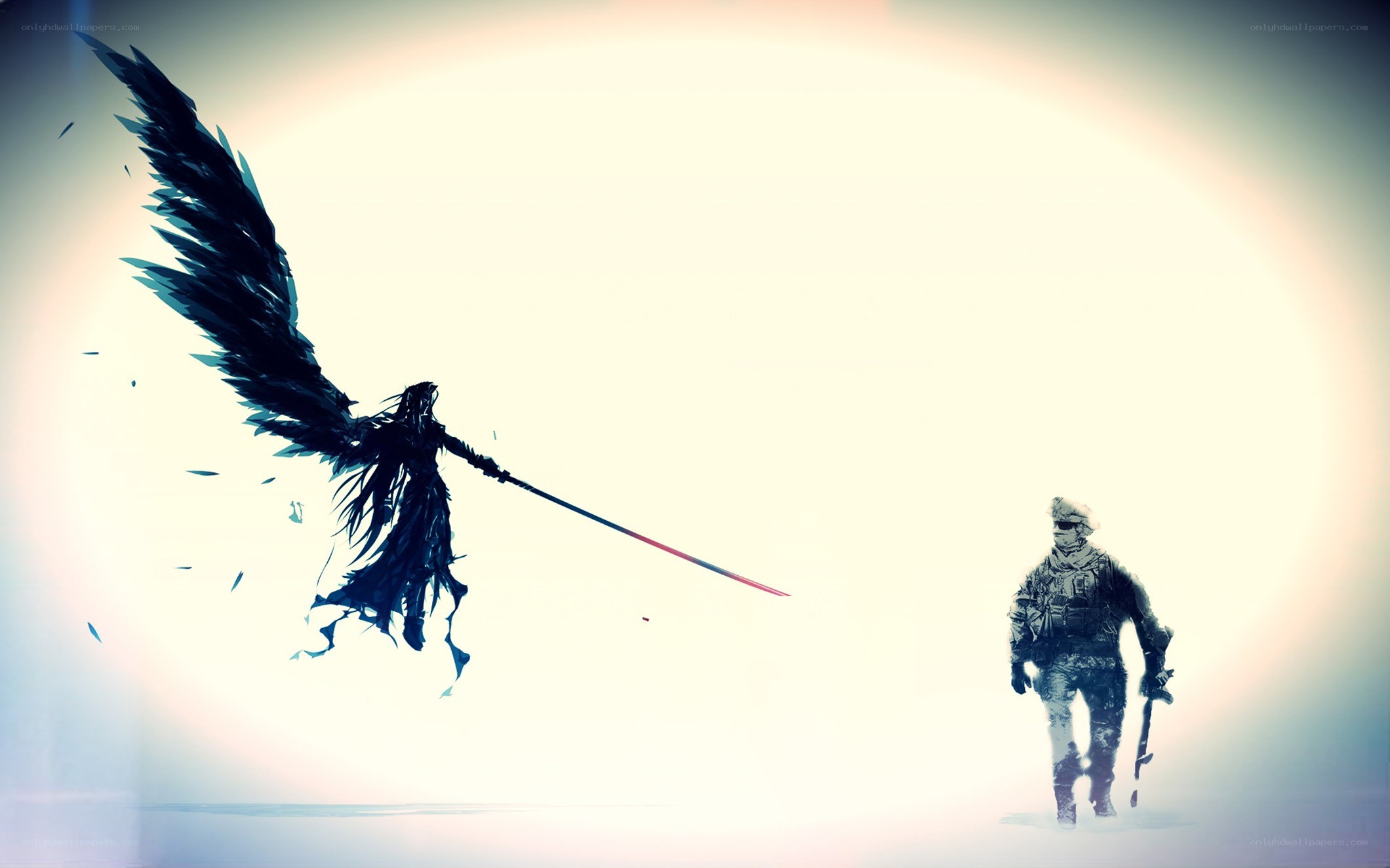angel with sword confronts soldier