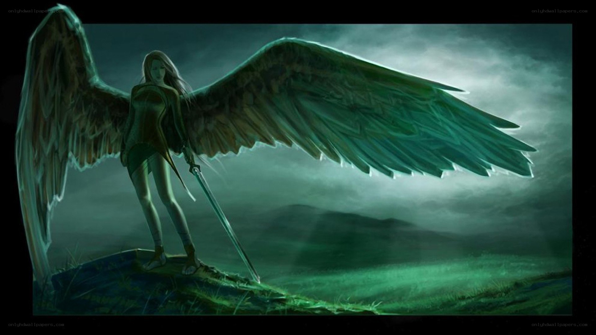 angel with sword on hill