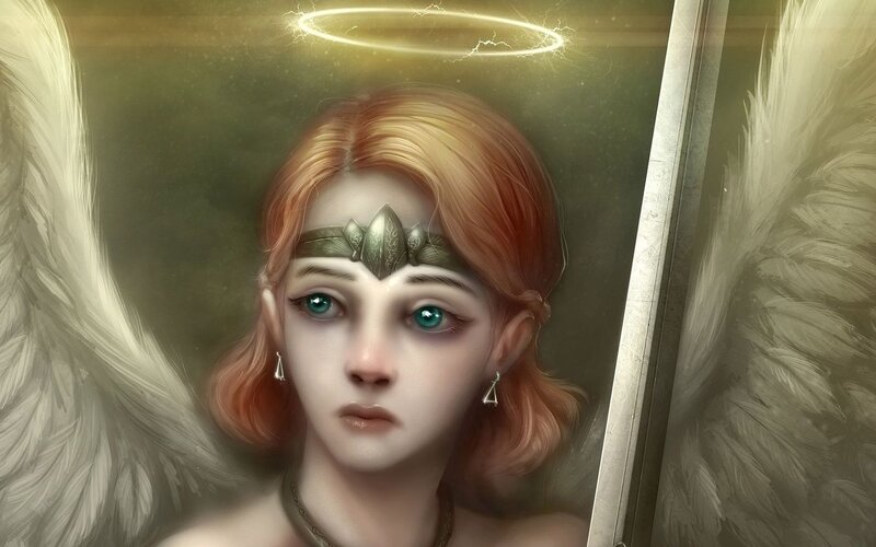 Angel with Sword — White, Dramatic, Digital Art, Halo