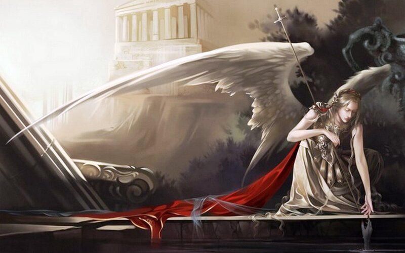 Angel with Sword — White, Dramatic, Digital Art