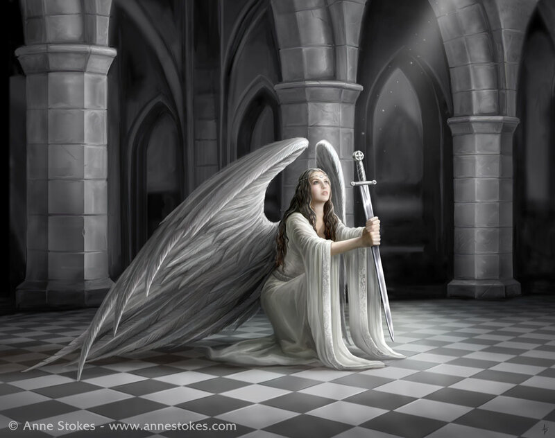 Angel with Sword — White, Dramatic, Digital Art, Wings, Castle