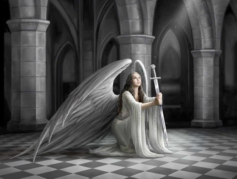 Angel with Sword — White, Dramatic, Digital Art, Wings, Cathedral